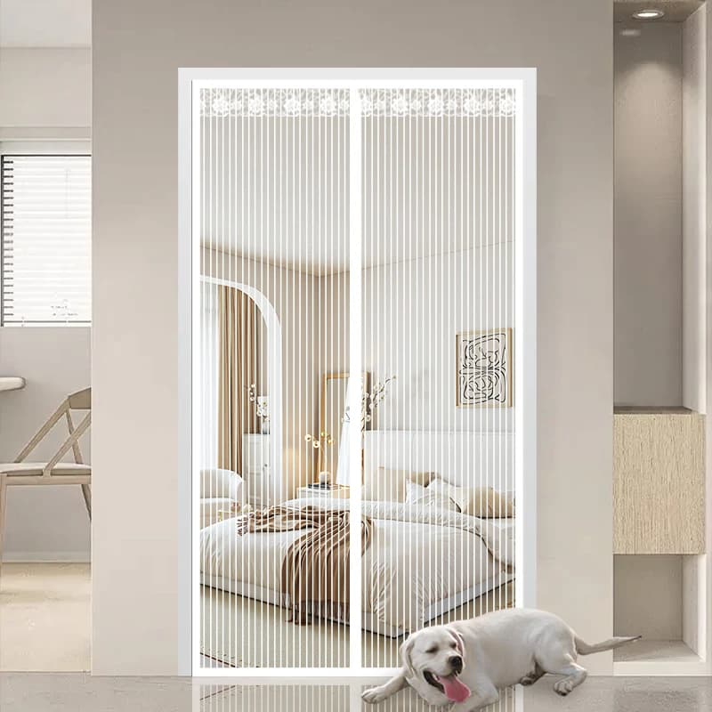 Tenda antizanzare estiva oversize a righe bianche, stile casa, per camera da letto, con chiusura magnetica automatica, spessa e ad alta definizione
