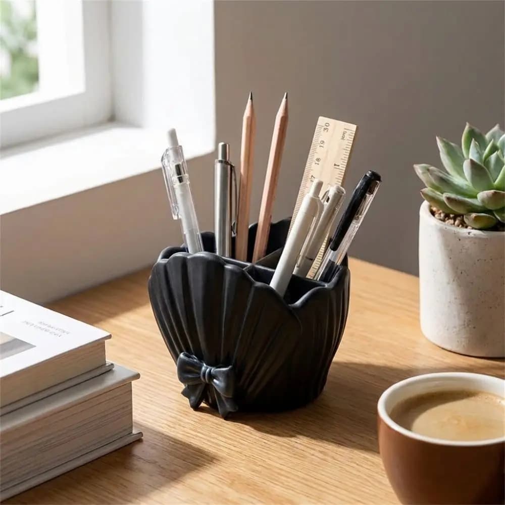 3D Printed Shell Shaped Toothbrush Holder Four-Compartment Shell Shaped Desktop Storage Box Decorative Bow Lace Toothbrush Stand