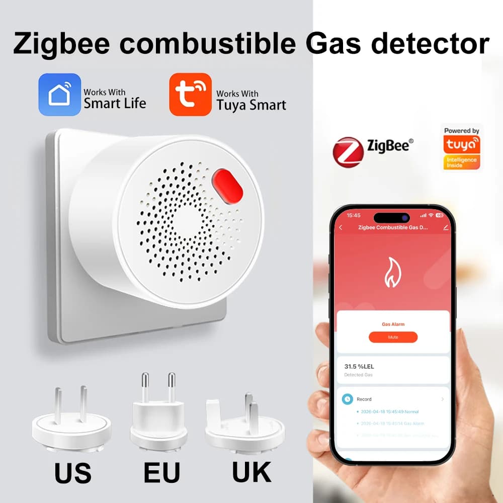 Arumny Tuya Zigbee Combustible Gas Leak Detector EU Plug APP Sound Light Alarm CH4 LPG Natural Gas Sensor Smart Home Security