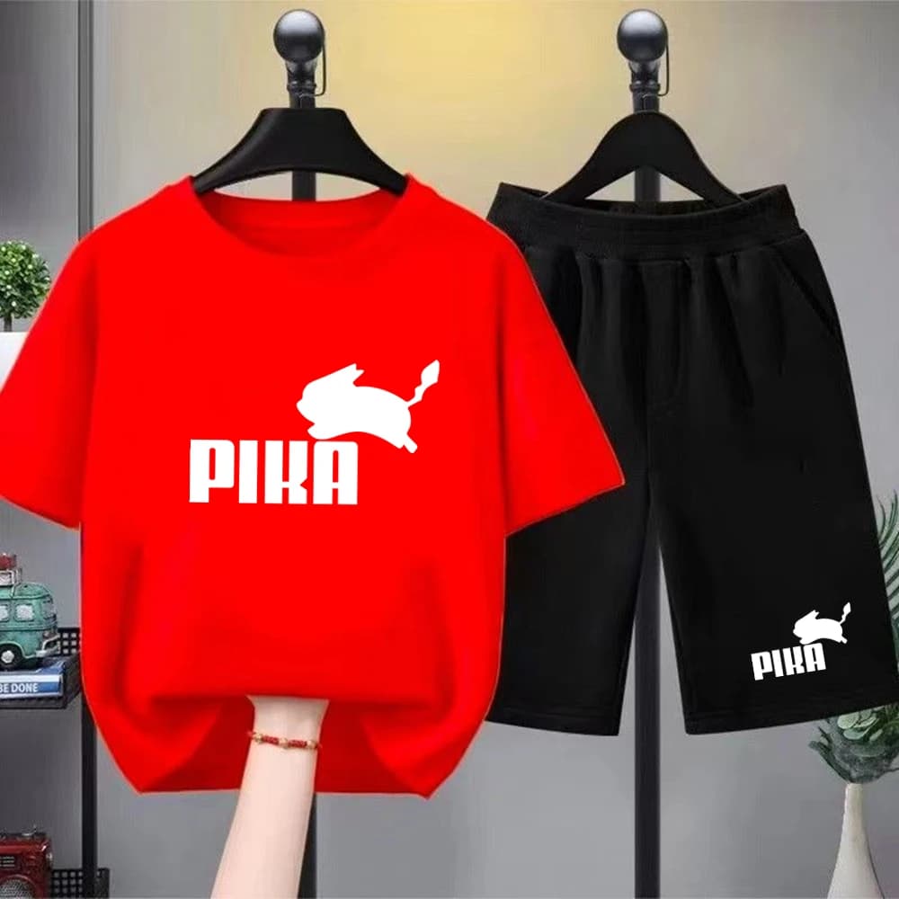Set di t-shirt casual rosse estive per bambini e bambine, con stampa di coniglio, outfit alla moda per ragazzi e ragazze, top a maniche corte e pantaloncini, 2 pezzi.