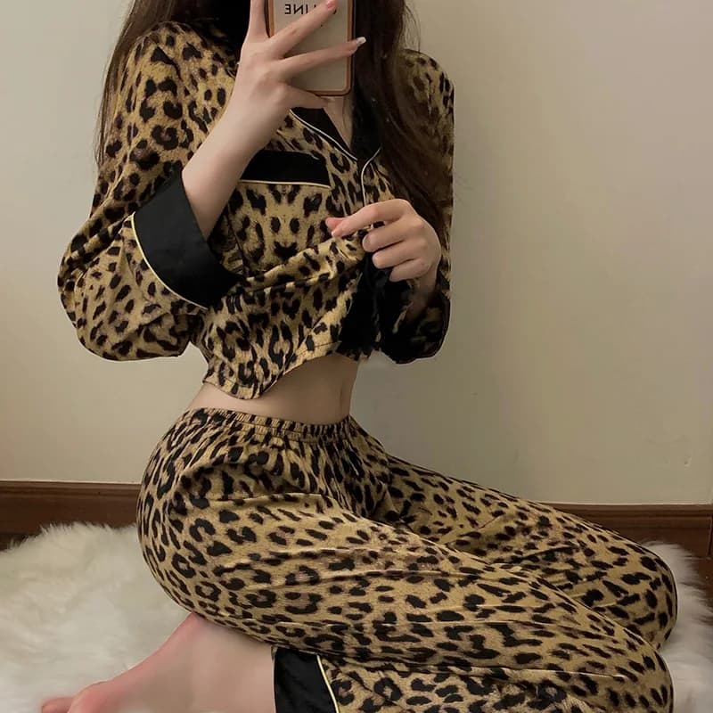 Women's Pajamas Set Women Winter Sleepwear for Sleeping Pajama Sets Women's Home Suit Long Sleeve Pajamas Woman Pants Leopard