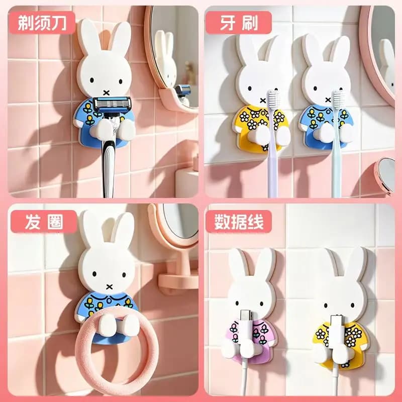 Cute Miffy Cartoon Rabbit Plastic Toothbrush Holder Self‑Adhesive Wall Hanging Rack For Bathroom Toothbrush Storage Decor gift