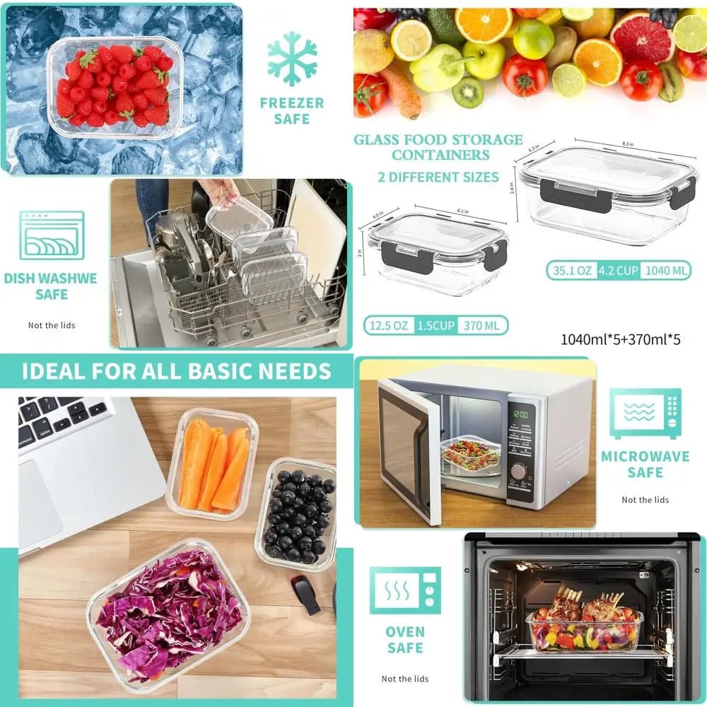 Set di 10 contenitori per la preparazione dei pasti in vetro con coperchi sicuri, a tenuta stagna per microonde, cottura al forno, congelamento e lavastoviglie