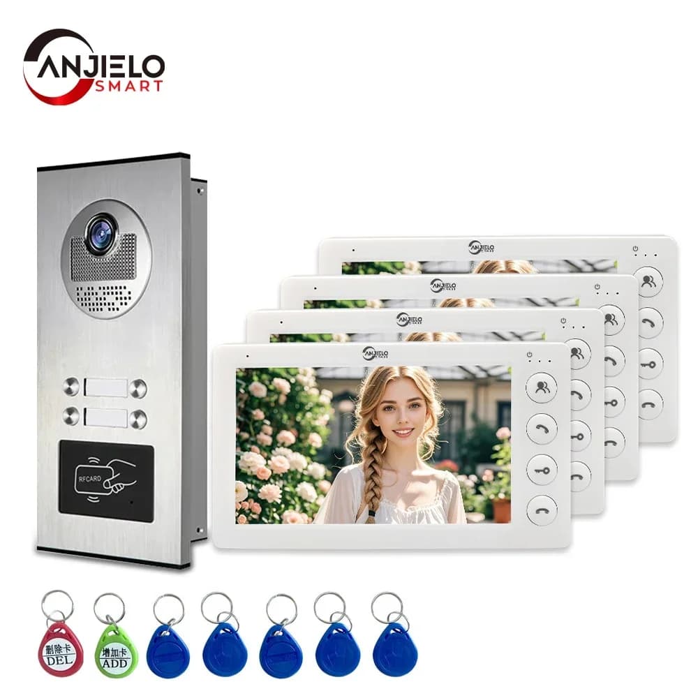 ANJIELO Videocitofono da 7 pollici a 4 cavi Videocitofono citofono multiappartamento da 2/3/4 unità con sblocco scheda RFID