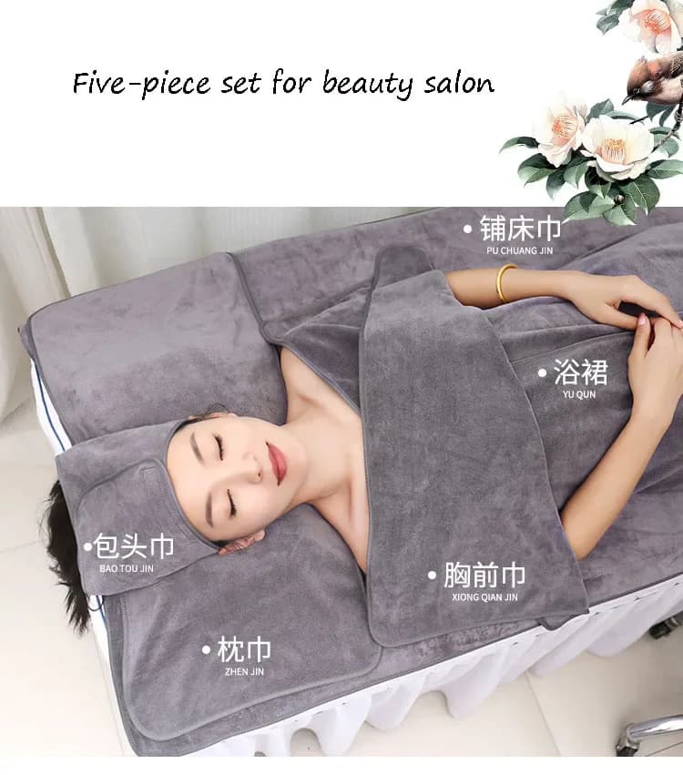 Set di asciugamani in microfibra da 5 pezzi per salone di bellezza, fascia per capelli, copriletto per il petto, gonna da bagno, set di asciugamani per cuscini, 5 pezzi