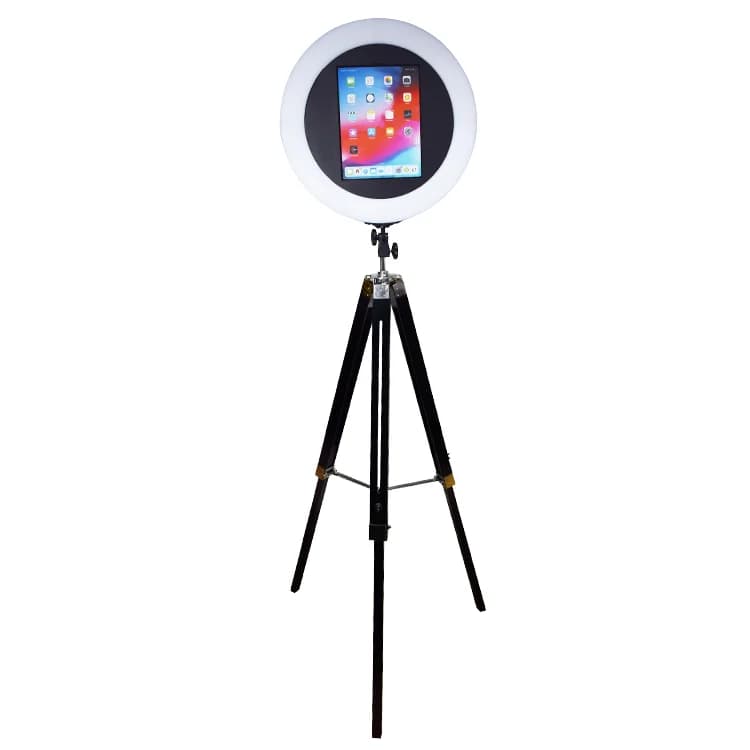 Macchina per cabina fotografica per iPad in legno con luce ad anello a LED Nuovo chiosco per selfie e stazione di condivisione di matrimoni per matrimoni ed eventi