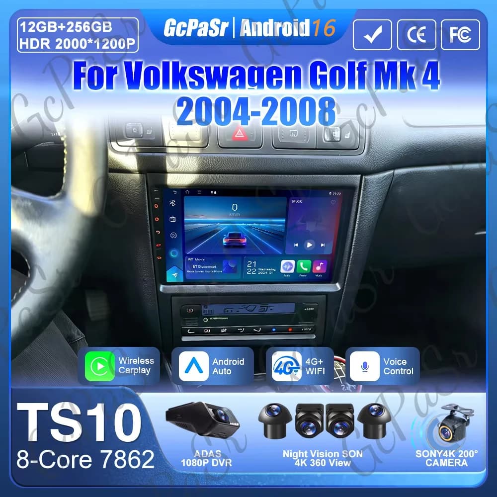 Android 16 For Volkswagen Golf 4 Mk4 Jetta 2004 - 2008 Autoradio Carplay Multimedia GPS Navigation Reader Wifi Video Stereo 2din