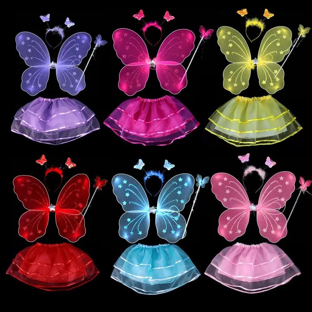 1 set colorato per bambine, set di costumi da principessa delle fate, abiti da palcoscenico, ali di farfalla, bacchetta magica, fascia per capelli, gonne tutu