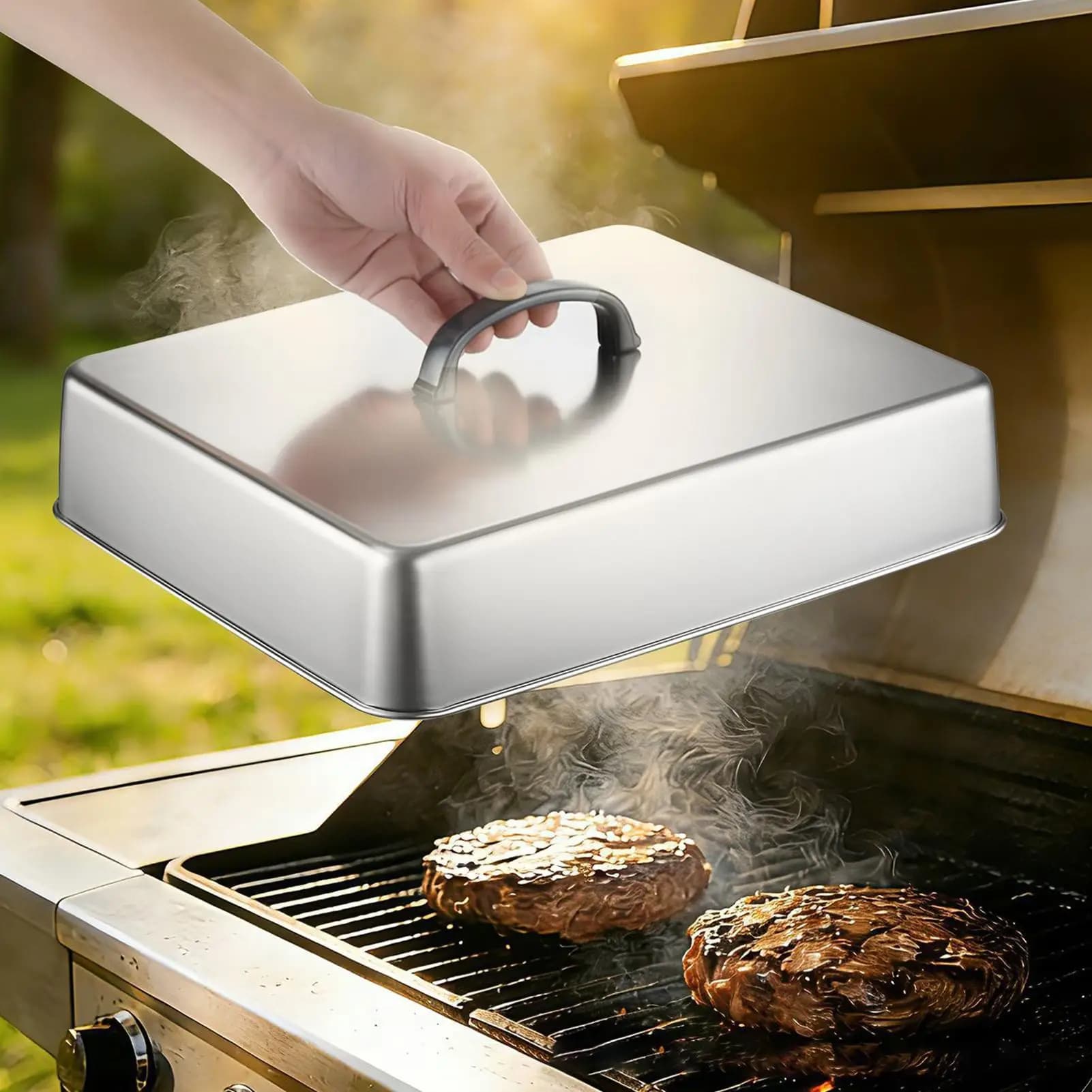 Stainless Steel Frying Pan Cover Barbecue Burgers Sandwiches Steak Pot Lid Rectangular Grill Basting Cover Cheese Melting Dome