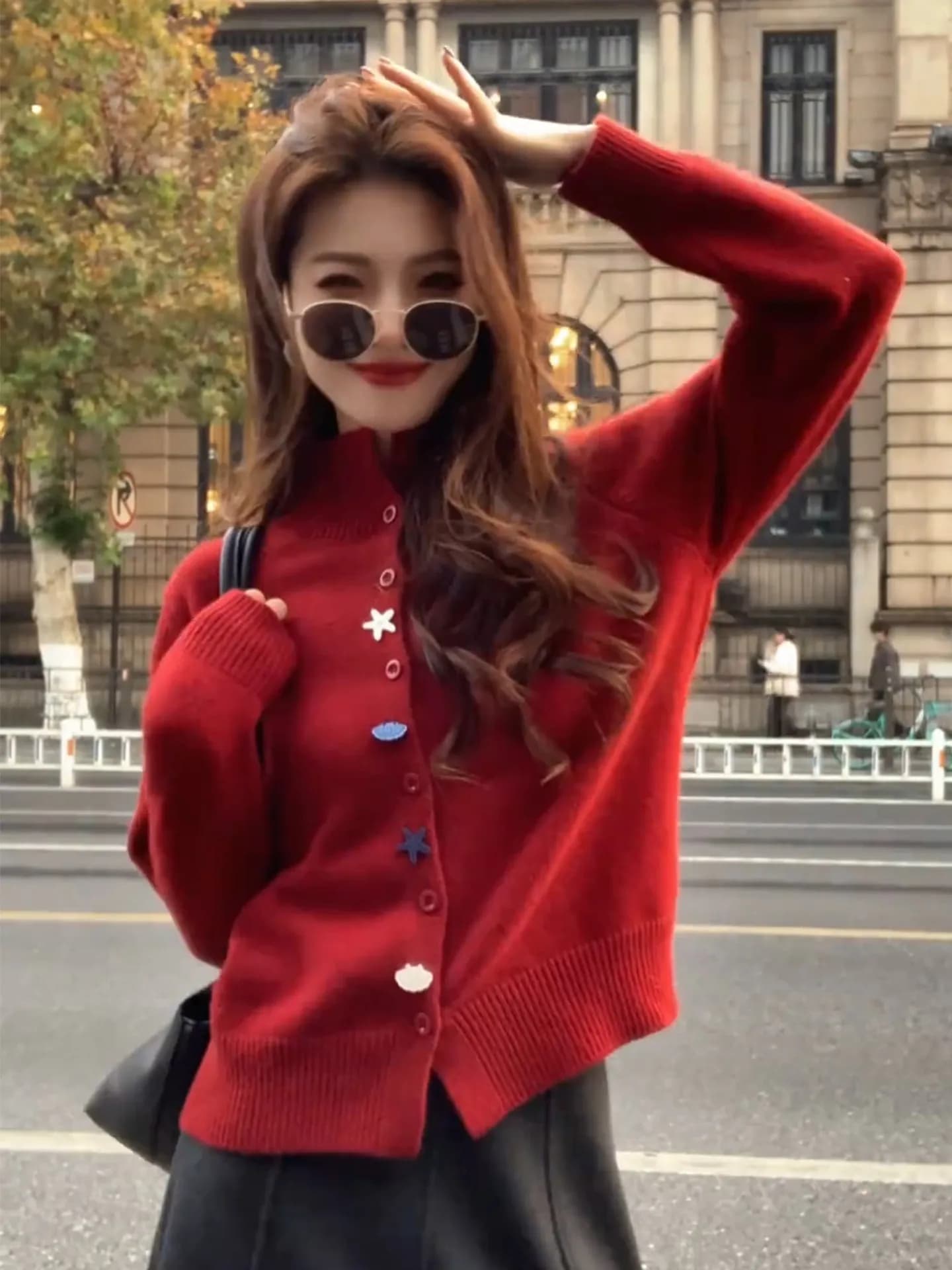 Cardigan Aperto Lavorato a Maglia Stile Coreano Rosso con Collo Semi-Alto, Design Straordinario per Donna, Giacca Maglione Autunno Inverno Super Elegante