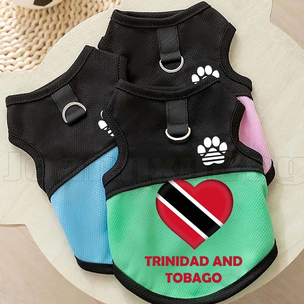 Imbracatura per cani e gatti con anello a D e guinzaglio, in rete traspirante, per l'estate all'aperto, per cuccioli e gattini, stile Trinidad e Tobago