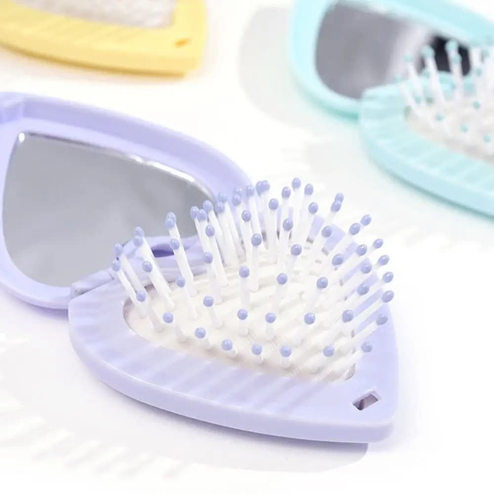 Colorful Heart Comb with Mirror, Antistatic, Mini Comb Foldable with Airbag, Compact Hair Mirror, Massage Comb