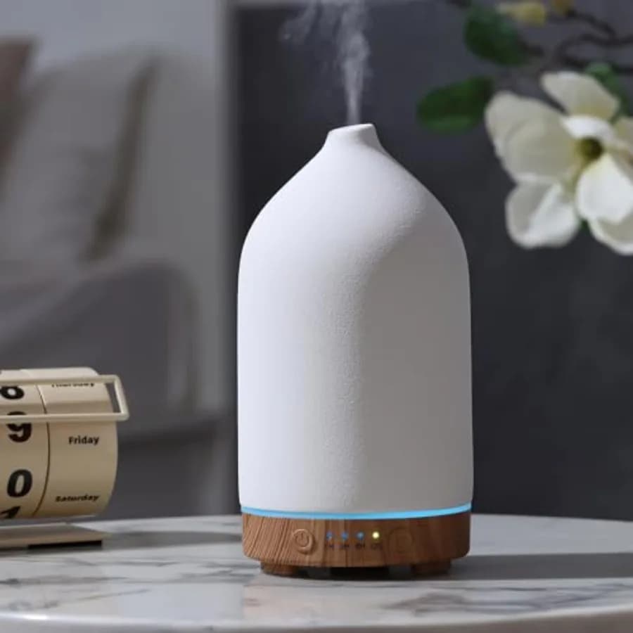 Diffusore di Oli Essenziali in Ceramica da 200ML - Aromaterapia Ultrasonica e Umidificatore con Luci LED a 7 Colori, Spegnimento Automatico, Effetto Legno