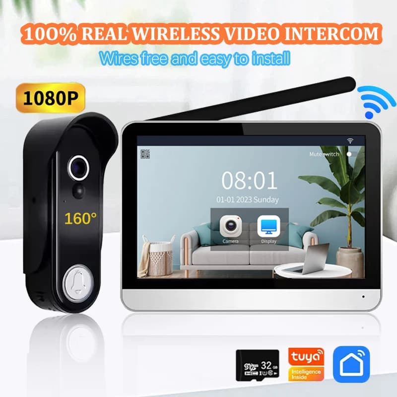 ANJIELO 1080P WiFi Campanello video wireless esterno con fotocamera, videocitofono touchscreen da 7 pollici, nessun cablaggio richiesto