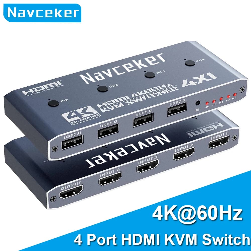 Navceker 2K 120Hz 4X1 HDMI KVM Switcher 4 porte 4K USB HDMI KVM 4 PC Switch 144Hz Docking Station Condividi 1 Monitor Mouse Tastiera