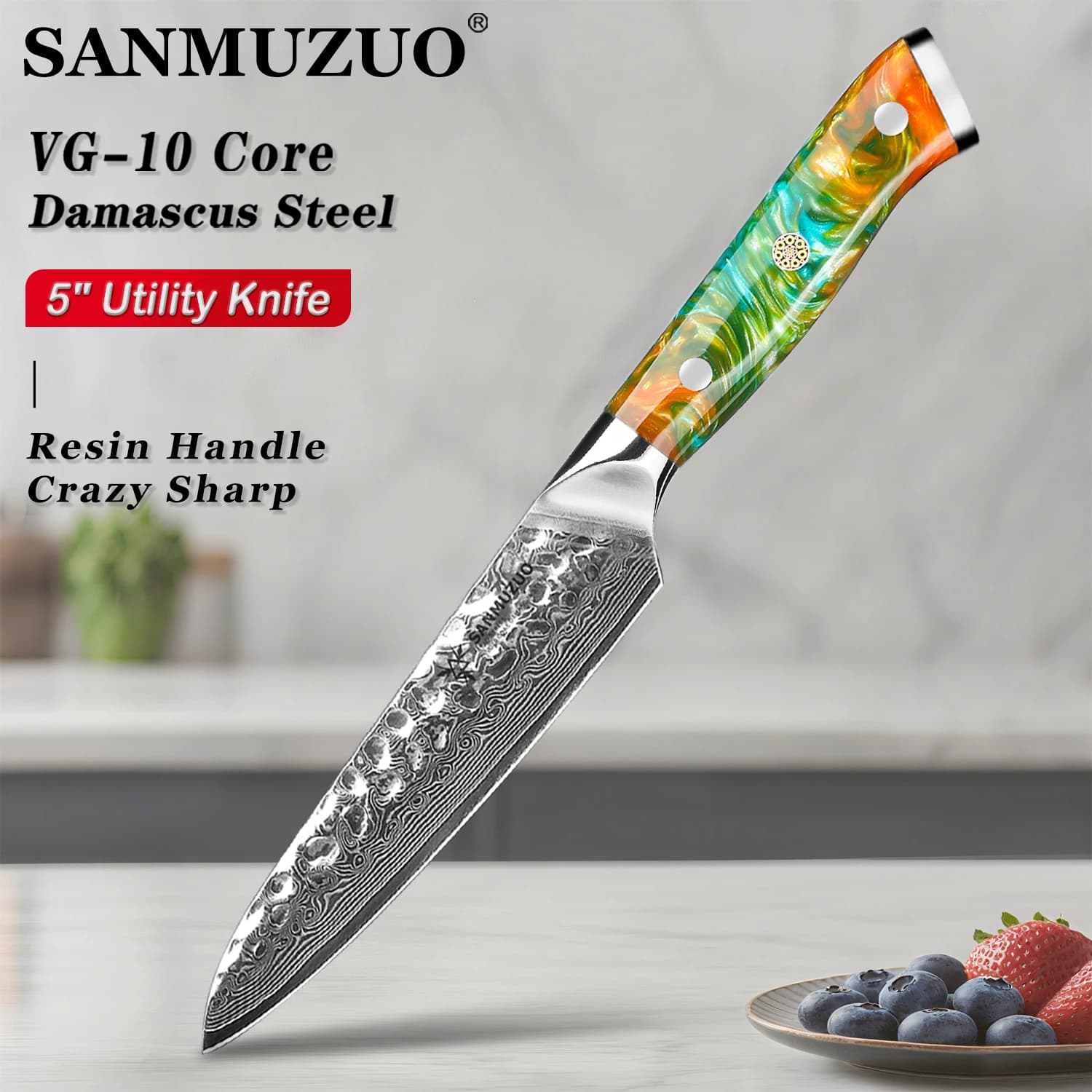 SANMUZUO 5 Inch Kitchen Knife - YAO Series - Damascus Steel Kitchen Knife for Vegetables / Fruit / Meat - Resin Handle