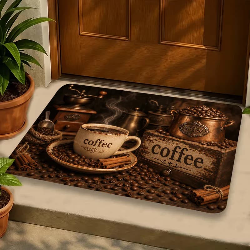 Premium Coffee Lover Doormat Outdoor Indoor Entrance Mat Rustic Bean Cafe Decor Welcome Mat Polyester Flooring Mat for Kitchen P