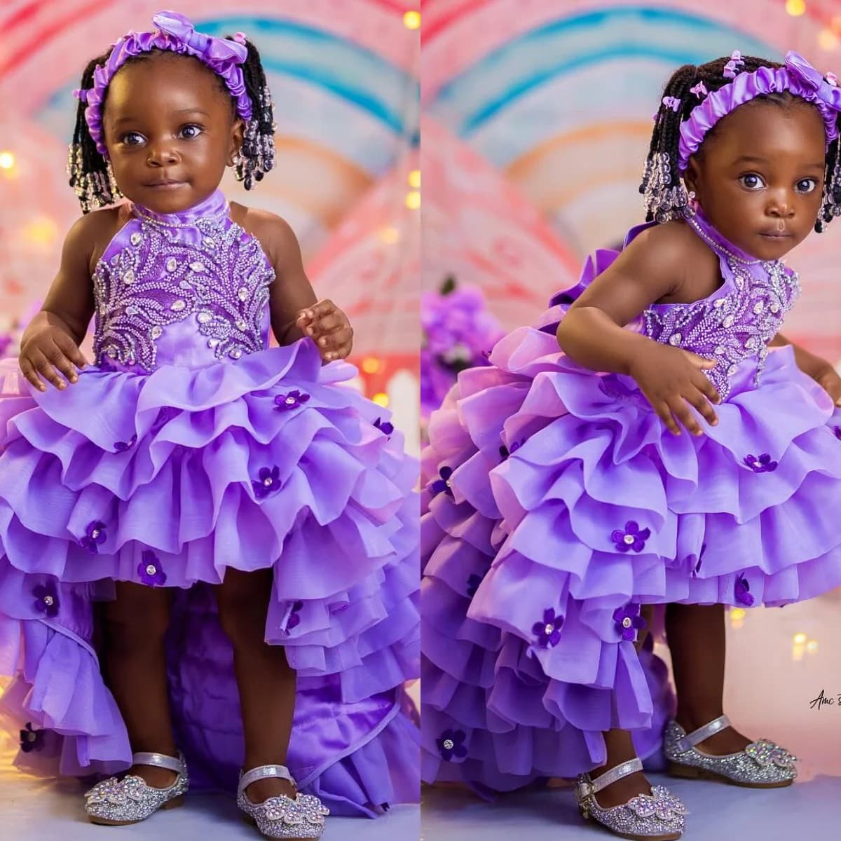Abiti da festa di compleanno per ragazze viola alti e bassi Abiti da ragazza di fiori con fiocco sul retro personalizzati per abiti da sposa per il servizio fotografico