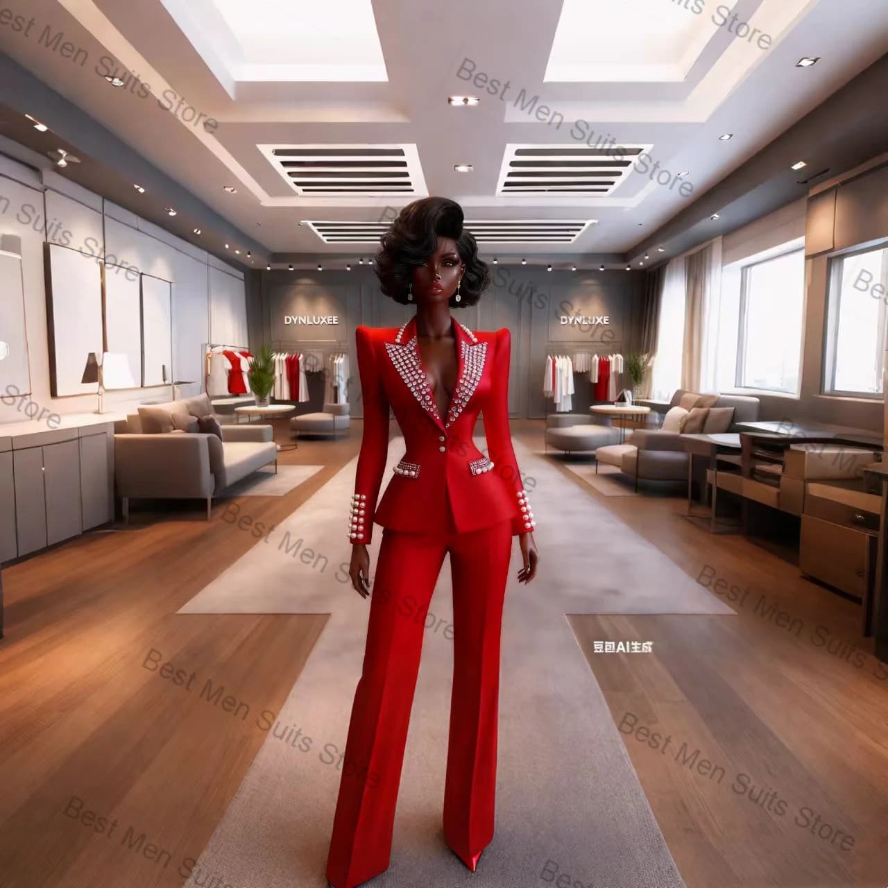 Completo da Donna Rosso 2 Pezzi, Blazer e Pantaloni con Cristalli e Perle, Giacca Formale in Cotone per Ufficio, Smoking Personalizzato per Matrimonio