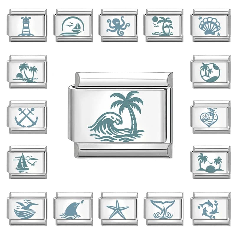 HOT Fashion Blue Laser Engraving DIY Italian Charm Links Bracelet Beach Sea Wave Coconut Tree Beads 9MM Stainless Steel Jewelry