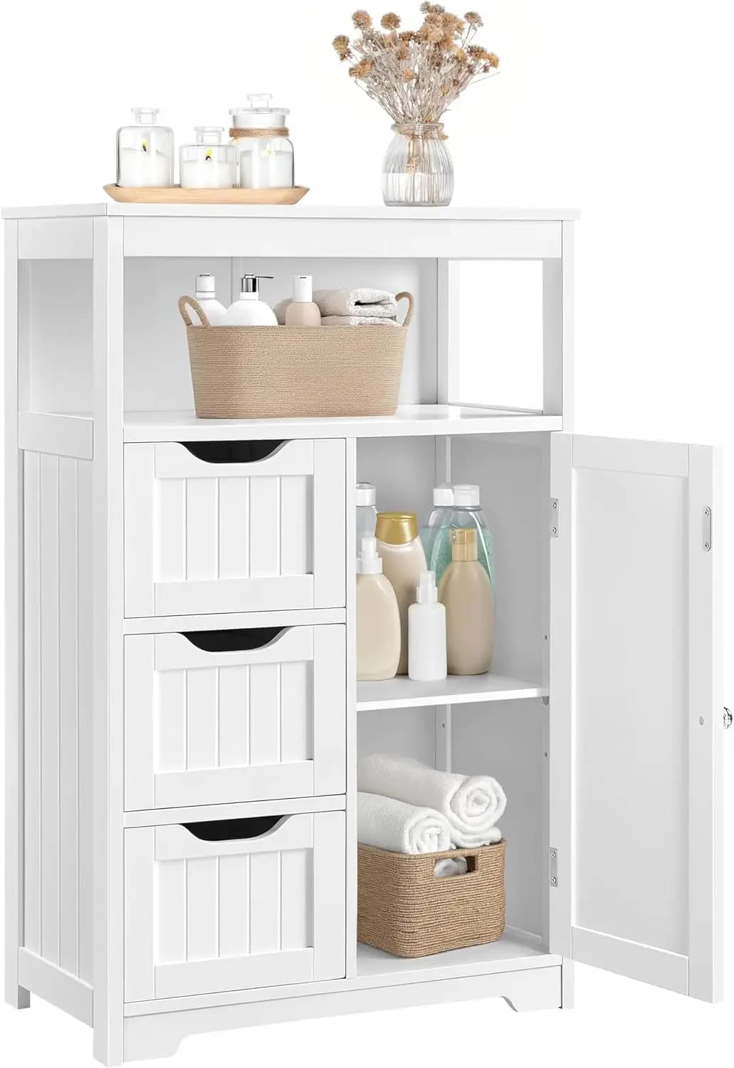 Mobiletto da Bagno in Legno con 3 Cassetti e Ripiano Regolabile, Organizzatore Bianco per Cucina e Soggiorno