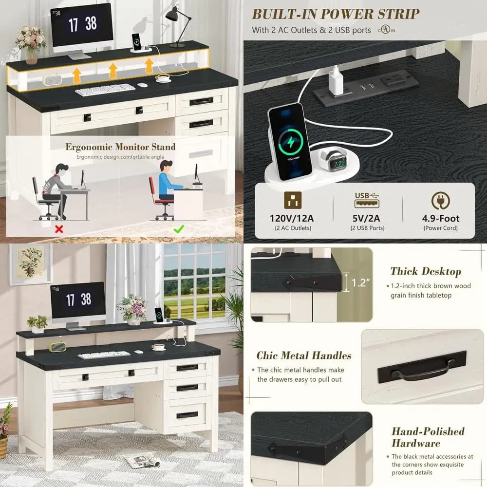 Armhouse computer desk with 4 drawers, 47 inch small desk with sockets, home office desk with monitor support and 4 drawers, for writing