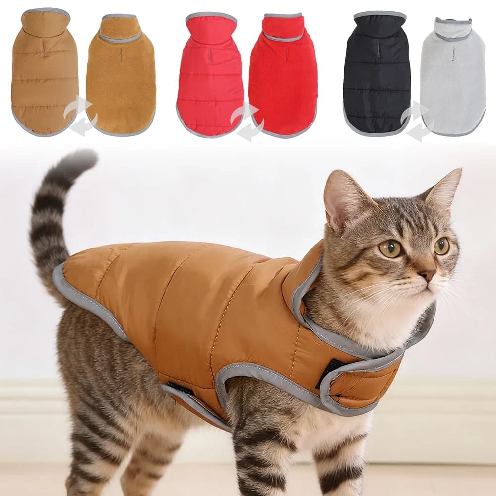 Fleece Warm Pet Clothes For Winter Reversible Cat Jacket With Leash Hole Reflective Waterproof Pets Coat For Puppy Cats Sphynx