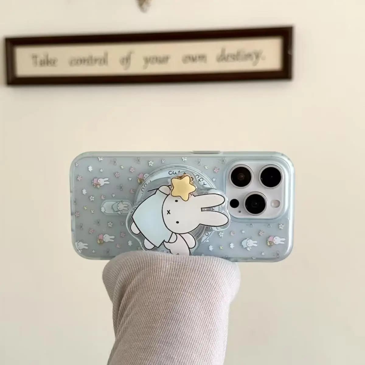 Full Screen Floral Cute Cartoon Creative Miffy Rabbit with Magnetic Bracket Phone Case Suitable for Iphone 16 Promax