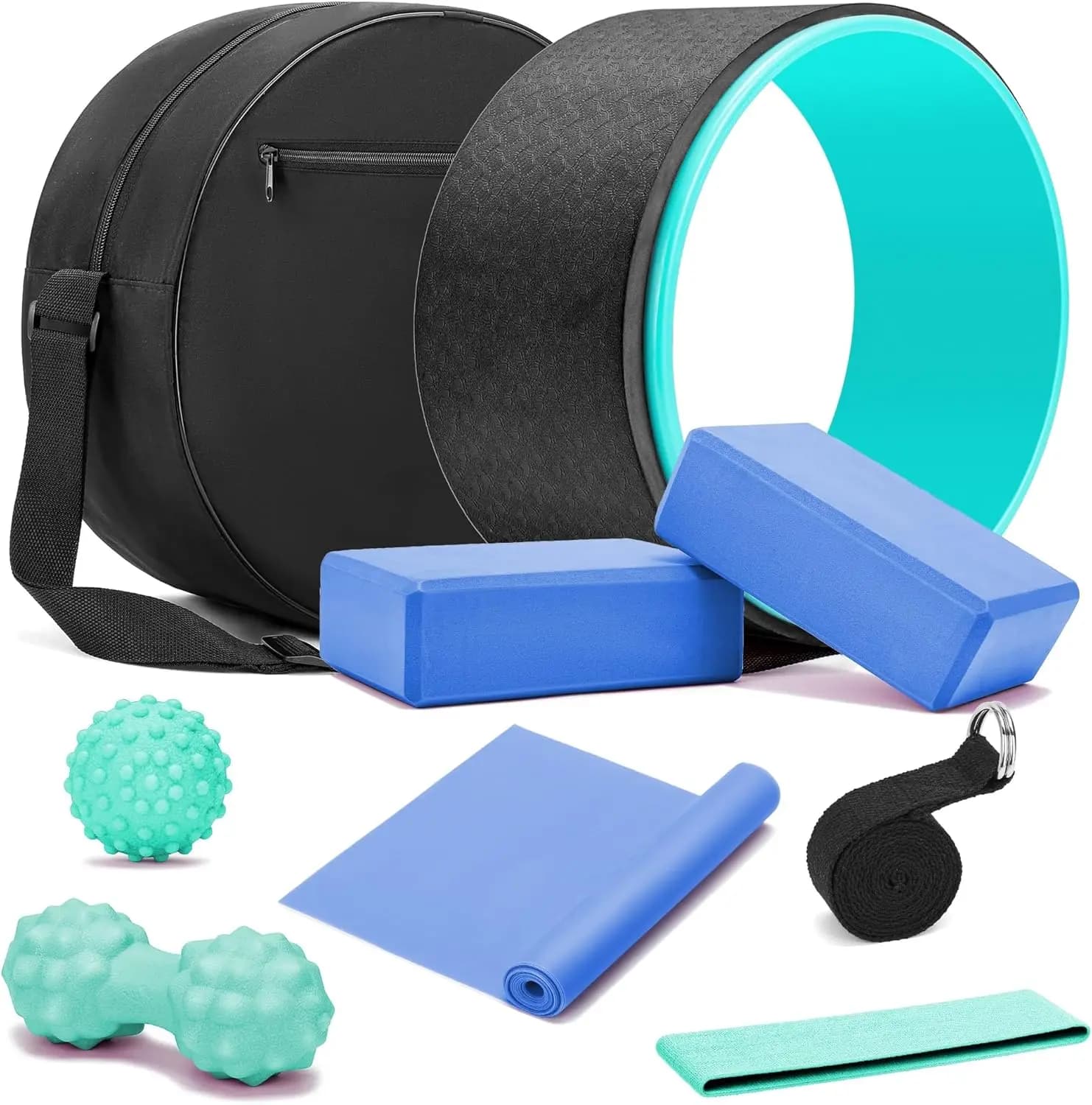 Set Yoga Wheel with Foam Roller, Blocks, Strap and Massage Ball to Relieve Back Pain and Stretching
