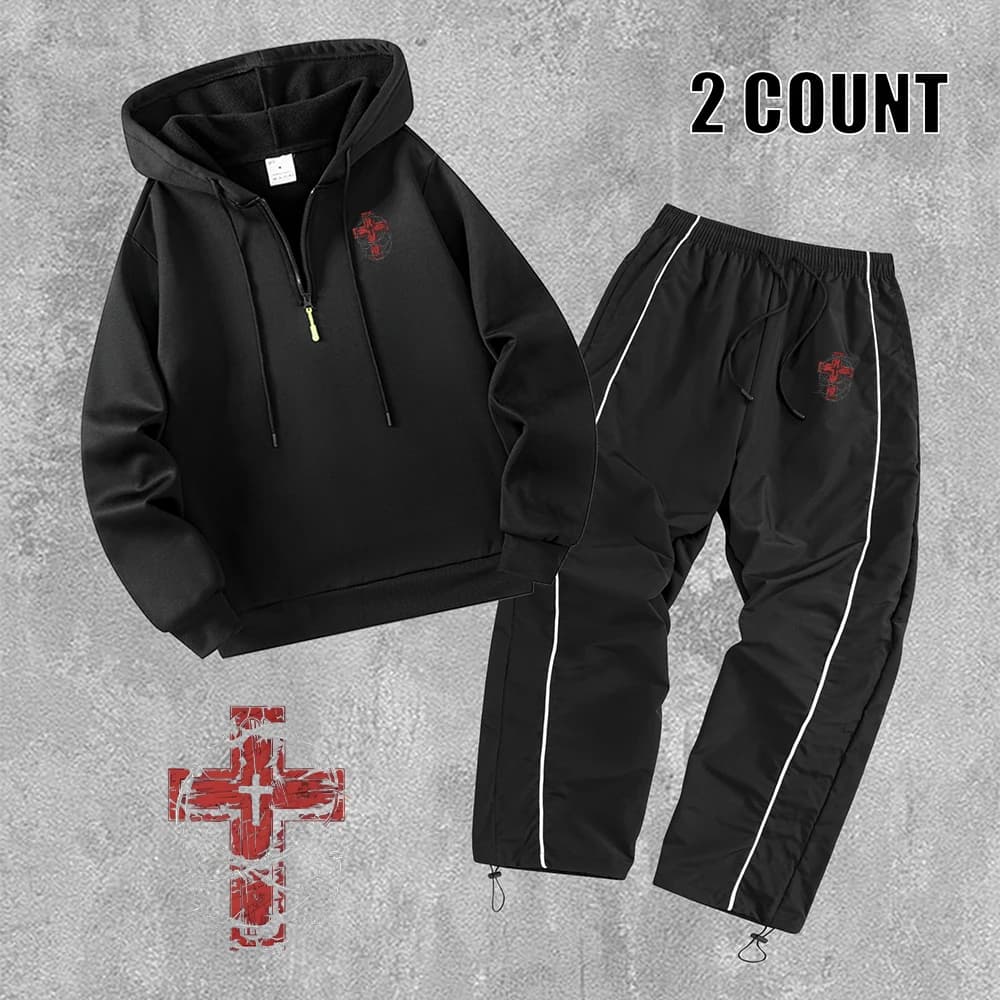 Men's Red Thorn Cross Print Casual Suit Set Half Zip Hoodies Drawstring Trousers 2 Piece Set Spring And Autumn Casual Sportswear