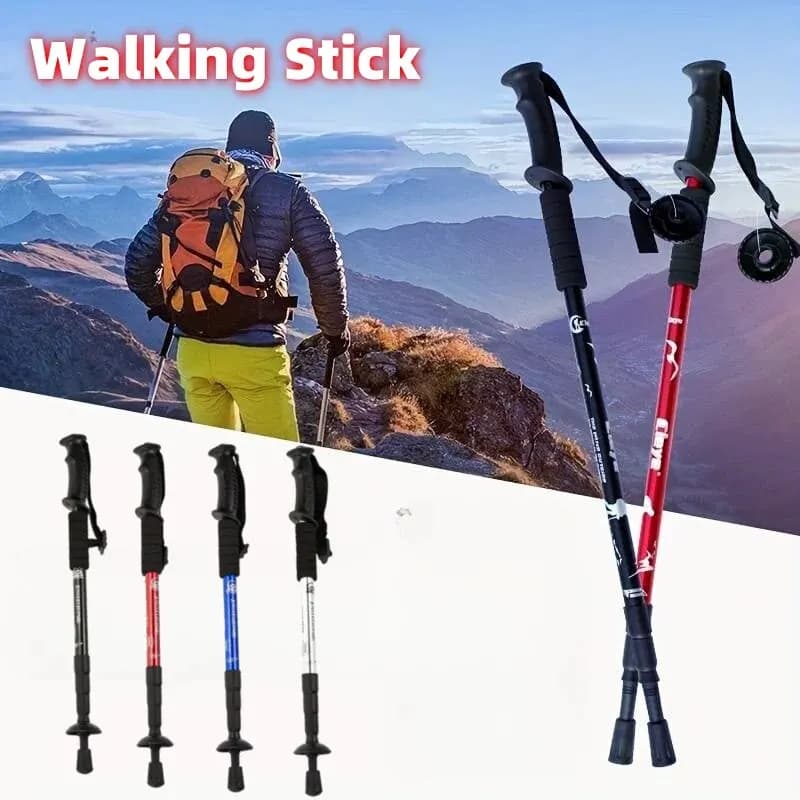 Trekking poles with shock absorption, foldable, ultralight, suitable for camping, mountaineering, backpacking and travel.