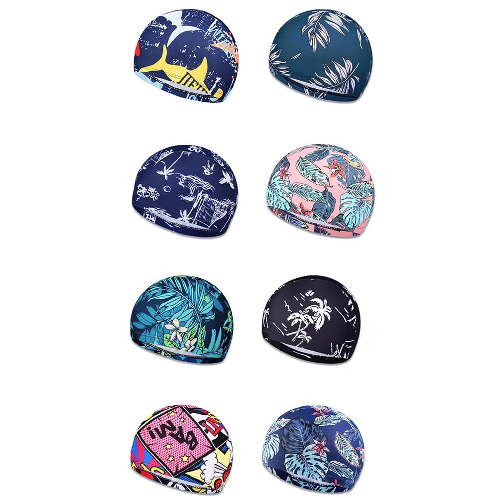 Swimming head with adult leaf print - Ear protector Non-slip design Pool Beach Summer bath hat