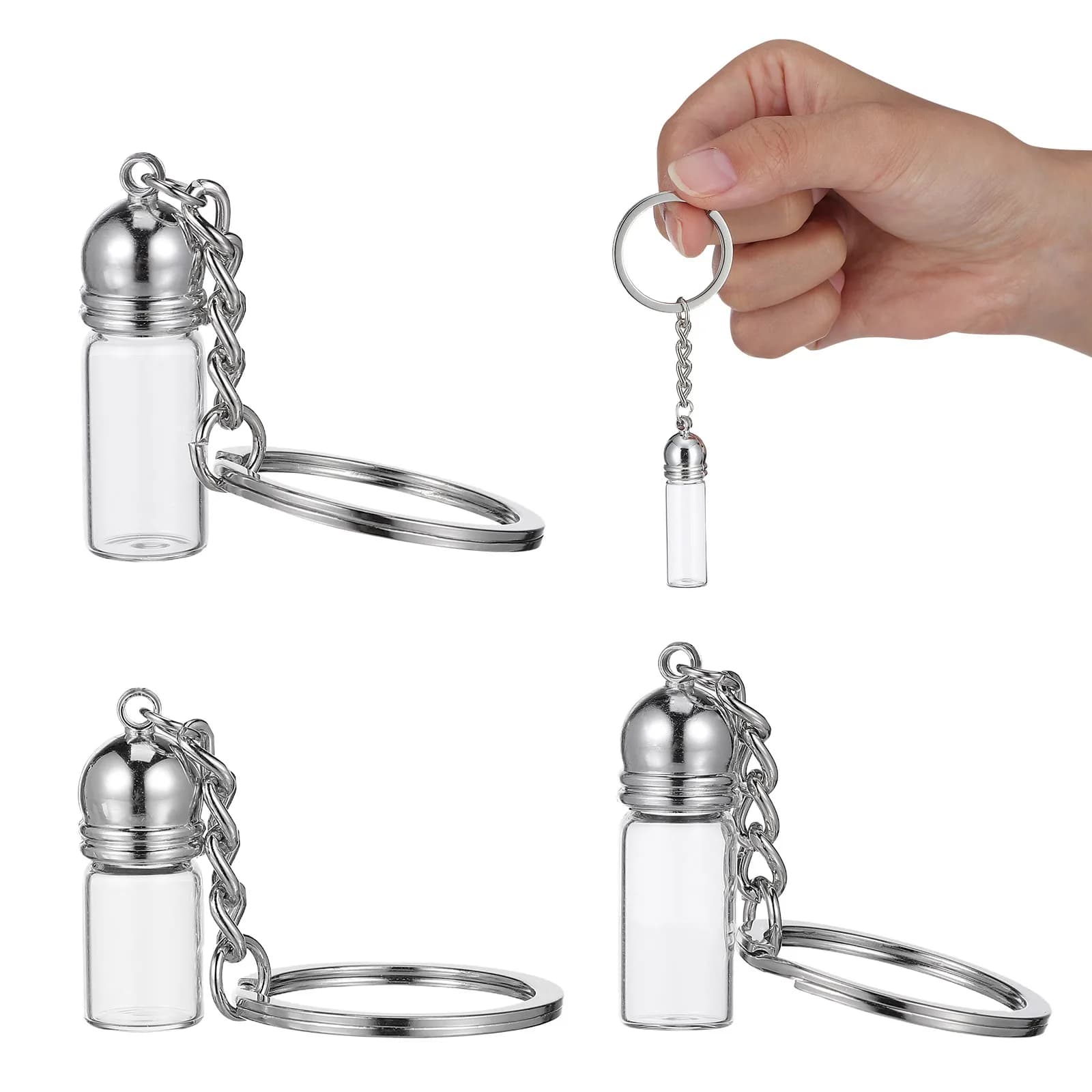 Set di 3 Bottiglie in Vetro Pendenti per Oli Essenziali e Profumi, Mini Flaconi Ricaricabili da Viaggio, Portachiavi con Bottiglietta, Piccoli Vasetti in Vetro