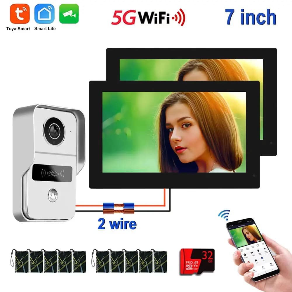 Sistema di Videocitofono Tuya Smart 5G WiFi a 2 Fili con Monitor Touch da 7/10 Pollici, 2 Pezzi, per Sicurezza Domestica e Villa, con Sblocco tramite App, Carta IC e NFC