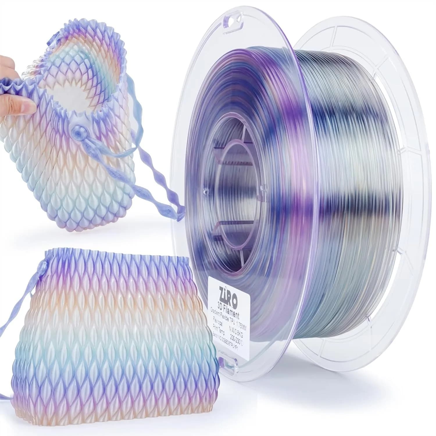 Filamento TPU 1.75mm, Materiale Flessibile per Stampanti 3D a Cambio Colore Rapido, Durezza Shore 95A, Bobina da 0.8KG per Stampanti FDM