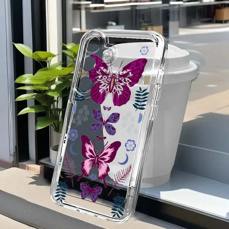 Custodia per telefono con grafica a farfalla viola per Samsung Galaxy A73 A72 A71 A55 A54 A53 A52 A51 A33 A25 A22 A15 A14 A05 in TPU trasparente
