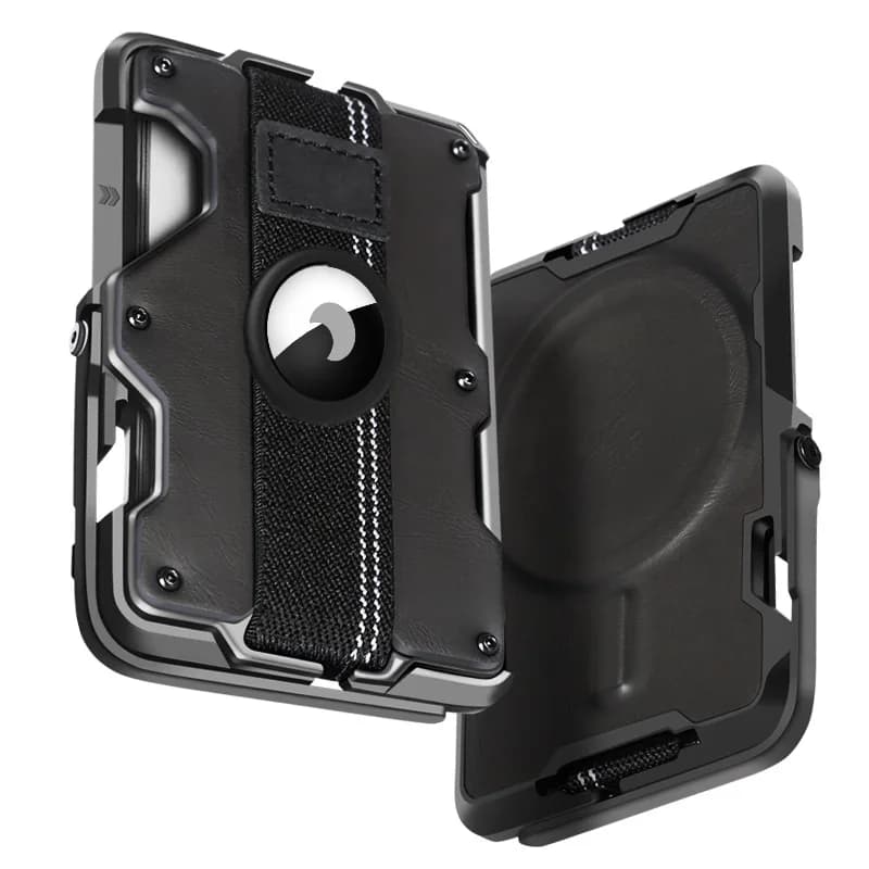 Porta carte da uomo in pelle e metallo, compatibile con MagSafe, supporto multifunzione per telefono cellulare/impugnatura apribottiglie, schermatura RFID