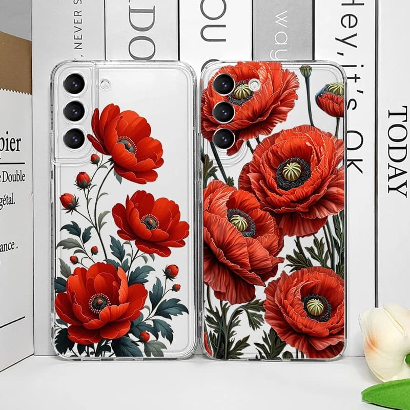 Cover Morbida Trasparente con Stampa Floreale Rosso Intenso a Fiori di Papavero per Samsung A14 A16 A36 A55 A54 A53 A52 A51 A50 A15 A22 A71