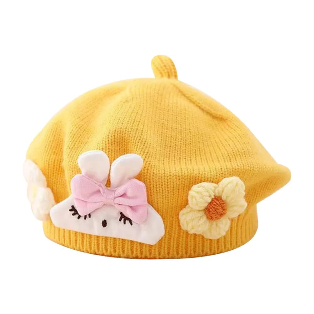 Fashion Flower Baby Beret Hat Winter Warm Ear Protection Knitted Hat Princess Solid Color Artist Painter Caps Infant Girls