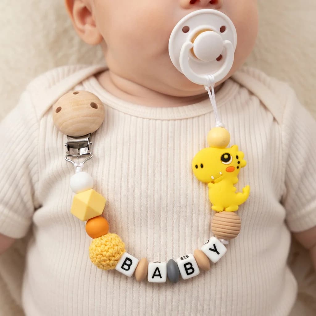 2026 Custom Personalized Name Handmade Pacifier Clip Holder Silicone Dinosaur Pacifier Chain Baby Teether Teether Chain Gift