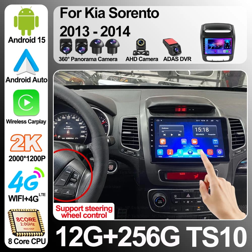 Autoradio Android 16 per Kia Sorento 2013-2014, GPS, Stereo Android, Lettore 2din, Navigazione, Mirror Link, Touch Screen, 5G