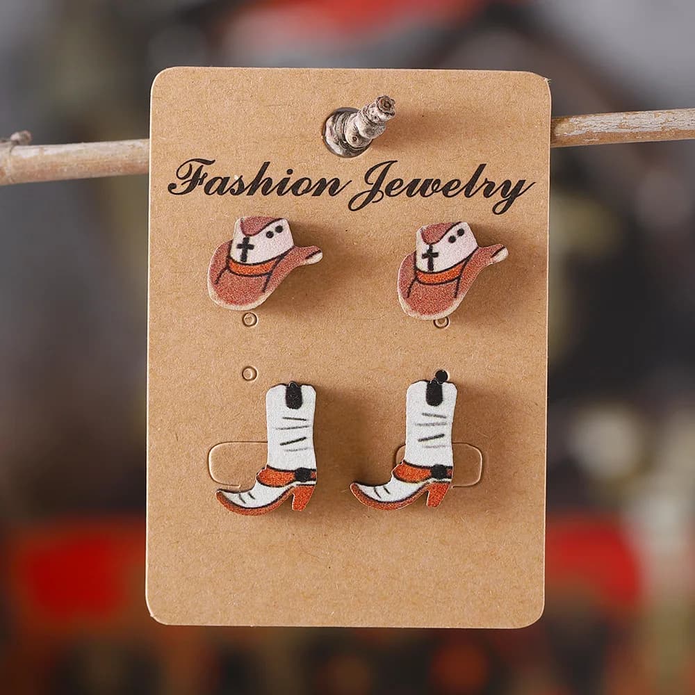 Set of European and American Western Cowboy Hat Button Earrings, western style wooden button earrings set