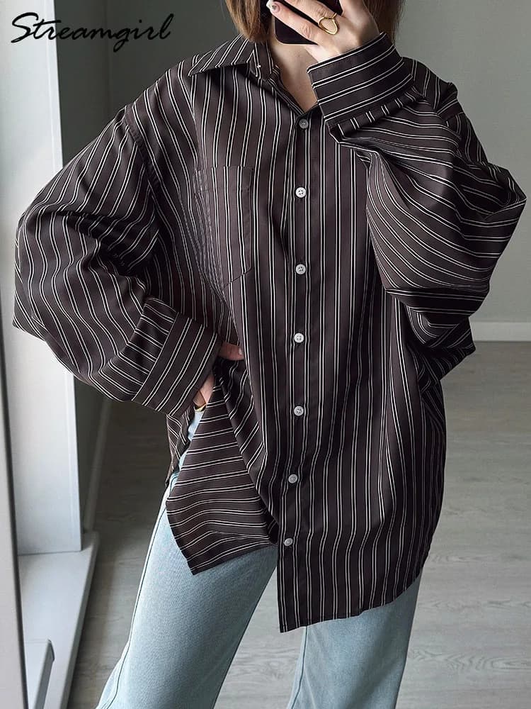 Camicie a righe larghe Camicia a pipistrello a maniche lunghe marrone da donna Abbigliamento da ufficio Camicette oversize da donna per donna Camicie blu eleganti