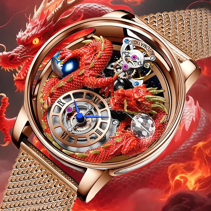 PINDU Design Celestial Body Series Traditionnelle Artisanat 3D Men's Watch with Dragon Curved Mirror Transparent Globe