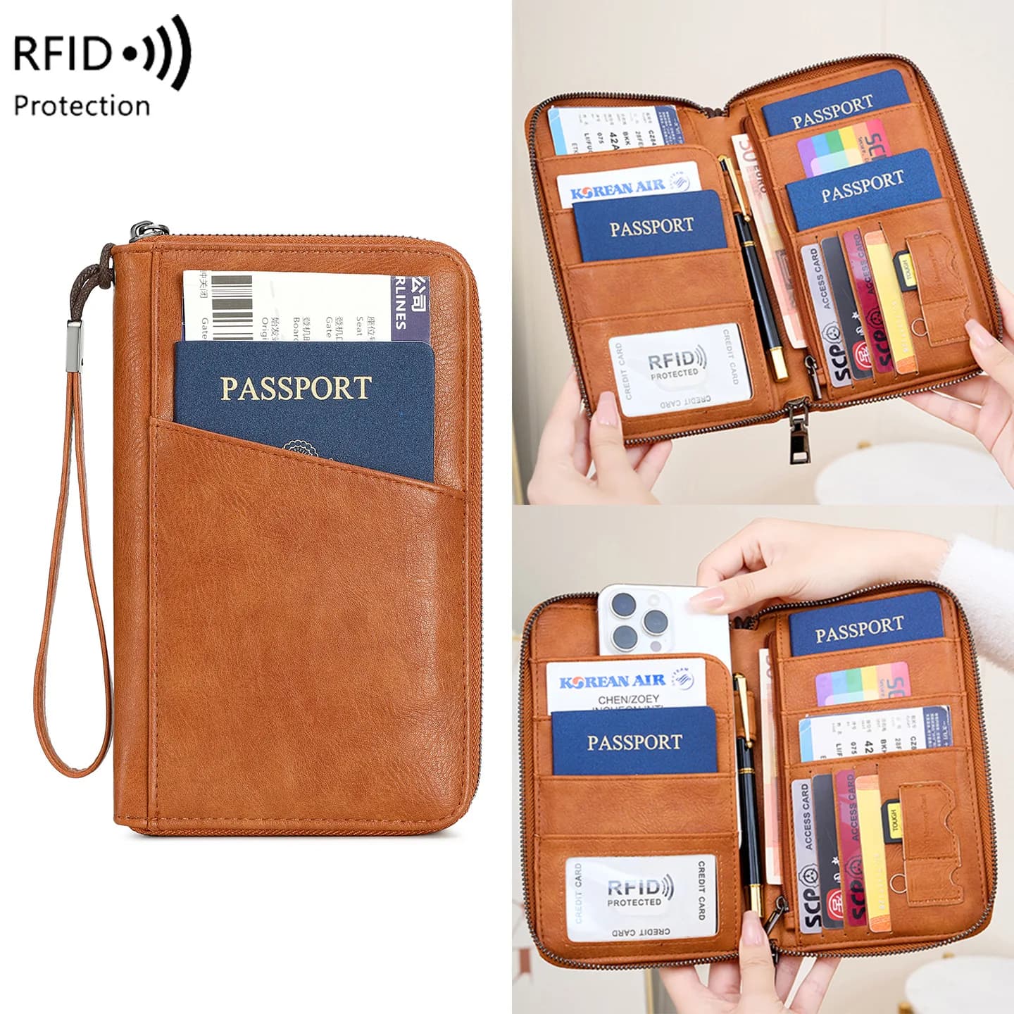 Porta Passaporti Familiare per 5 Persone, Portafoglio in Pelle con Protezione RFID e Cerniera, Organizzatore per Documenti di Viaggio