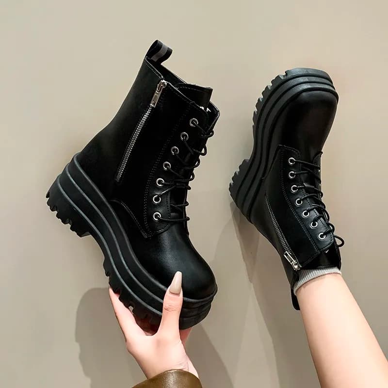 Autumn/Winter New single boots with side zipped platform Short non-slip boots with laces on the front and fashionable women's round tip