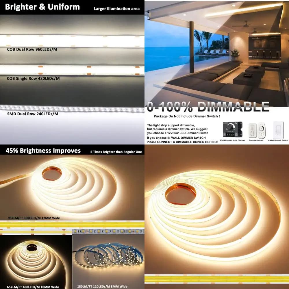 24 V COB LED Strip, hot white 3000 K, double row, 16.4 feet, 920 lumen/ft, CRI 95+, listed UL, 7.6 W/ft, 960 LED/m, high density, 12 m