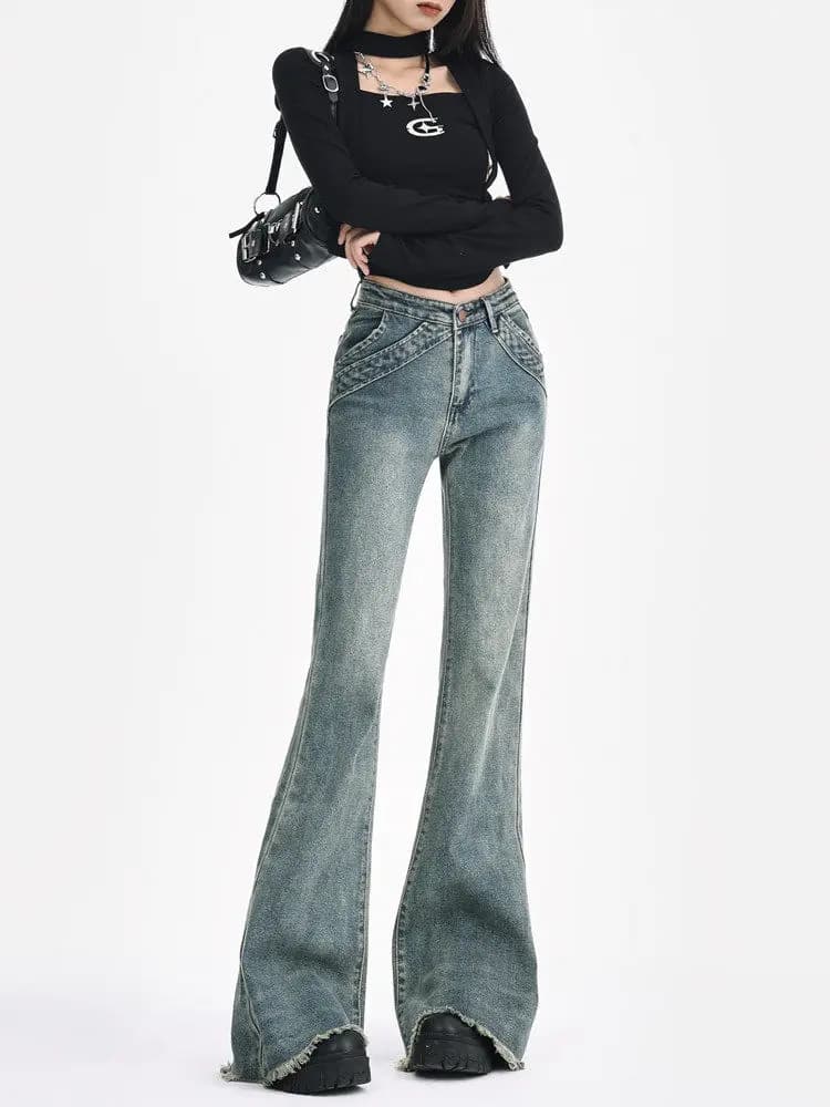 Retro Design Micro Flared Denim Jeans Women's Spring Summer Low Waist Splicing Frayed Stretchy Floor-Length Pants