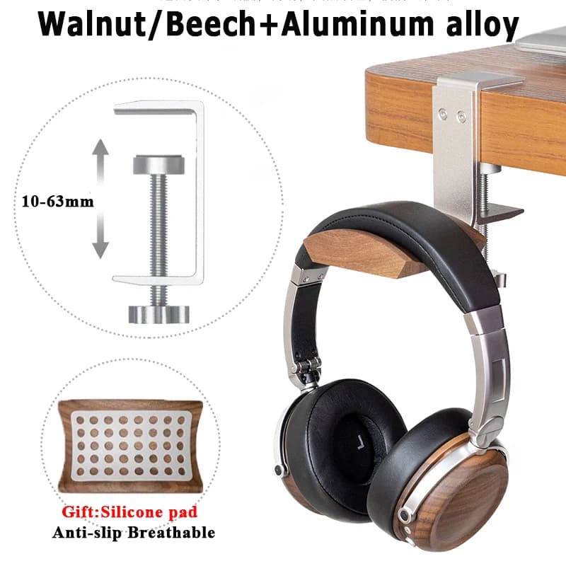 Supporto per cuffie in legno massello noce/faggio + lega di alluminio Clip per cuffie da gioco laterale da scrivania installazione verticale orizzontale regolabile