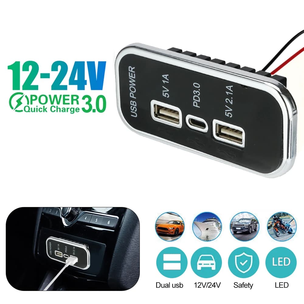 12/24V Caricabatteria per auto PD Tipo-C 2.1A 1A Doppia presa USB per moto Auto Camion ATV Barca RV Bus Adattatore di alimentazione Presa
